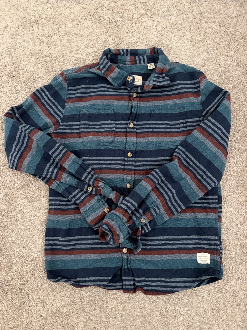 Weatherproof Boys Striped Button-Down Shirt in Teal, Navy & Brown